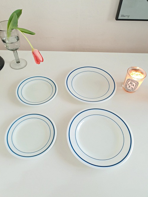 (4장재입고) Vintage Corning Pyrex White Milk Glass Blue Band Dinner Plate (23CM) - 2장품절