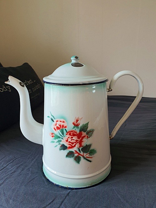Antique Ex.Large  Shaded French Enamel Coffee Pot with Flowers