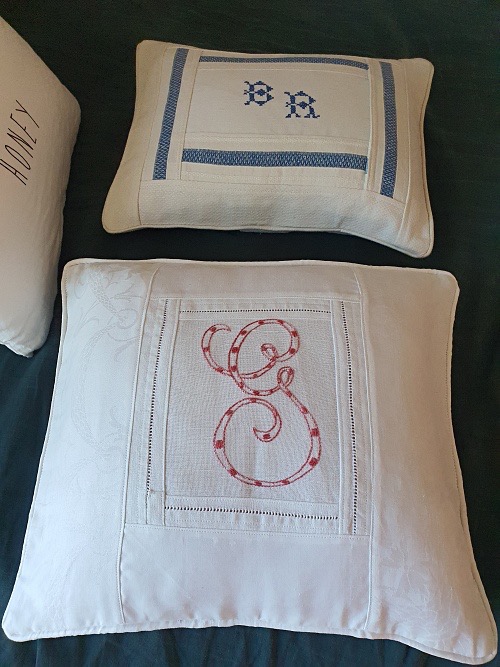 Antique Cushion Cover with S Monogram  - Handmade by seller