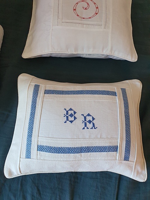 Antique French Linen and Monogrammed Cushion Cover - Handmade by seller